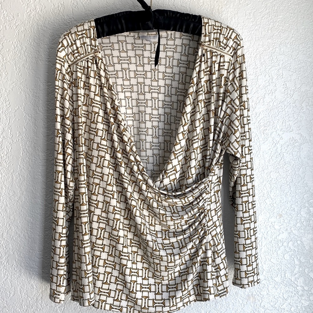 Charter Club Wrap Rush Front Long Sleeve Gold Cream Top Size 3X
